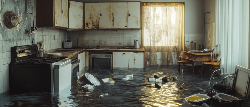 Kitchen engulfed in flood with floating appliances standing water damaged cabinetry peeling paint broken tiles watermarks on walls ominous atmosphere wet countertops scattered debris