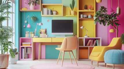Colorful home office with vibrant walls, stylish desk, and cozy seating area, ai generated.