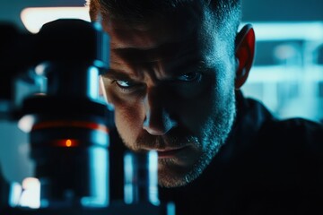 Scientist peering through a futuristic microscope