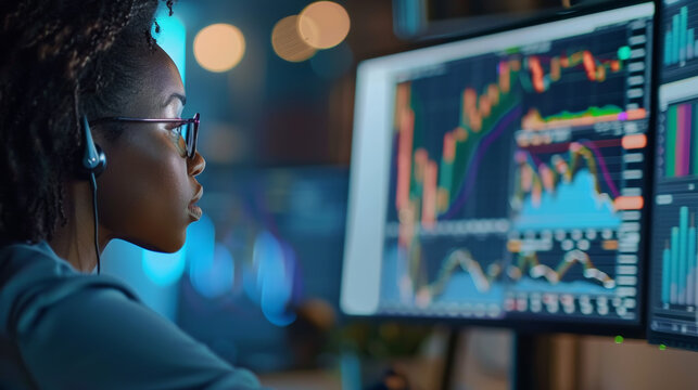Focused stock market analyst on video call, analyzing data on multiple screens. atmosphere is dynamic and professional.