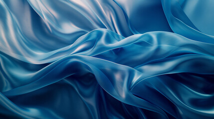 Fototapeta premium An abstract depiction of smooth silk fabric, flowing in gentle waves, with a soft, glossy texture. The fabric is colored in different shades of blue