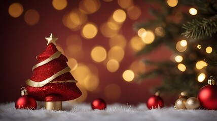 Christmas tree with ornaments and golden stars on the bokeh lights background