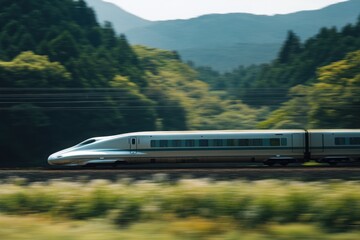 Fototapeta premium Sleek high-speed bullet train cutting through countryside