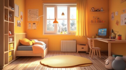 Fototapeta premium Bright yellow bedroom with orange pillows, desk, and sunny window, ai generated.
