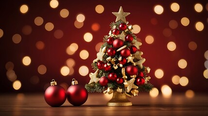 Christmas tree with ornaments and golden stars on the bokeh lights background