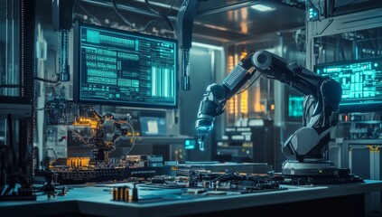 
3D rendering of a robotic arm working on a table in a futuristic cyberpunk laboratory with holographic screens displaying data and digital blue neon light effects. In the background