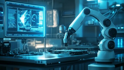 
3D rendering of a robotic arm working on a table in a futuristic cyberpunk laboratory with holographic screens displaying data and digital blue neon light effects. In the background
