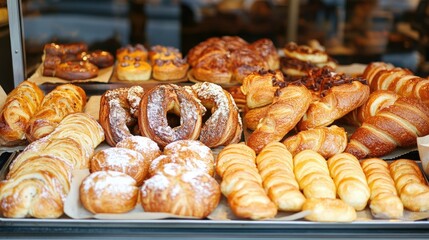 Delicious assorted pastry and bread arranged on tray selling at bakery shop, fresh sweet pastry and baked bread