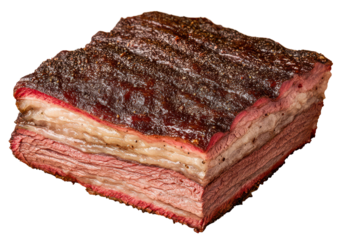Juicy smoked brisket cut with visible layers of meat and fat, transparent background.