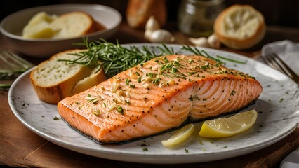 A delectably savory garlic butter salmon, delicately plated on a ceramic dish.