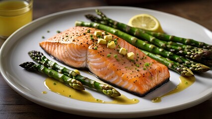 A delectably savory garlic butter salmon, delicately plated on a ceramic dish.