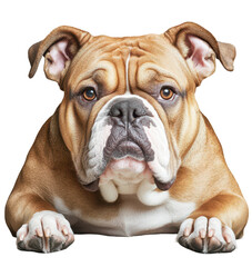 Fototapeta premium Close-up of brown bulldog lying down with a calm expression, transparent background.