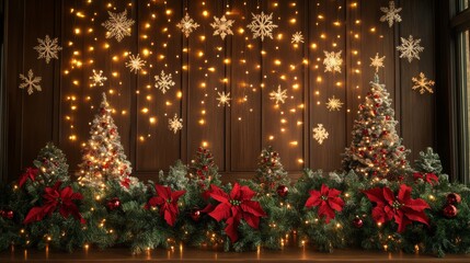 Festive Christmas Decor with Mini Trees, Poinsettias, and Lights.