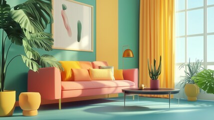Living room with pink sofa, cushions, tropical plants, round table, and teal walls, ai generated.
