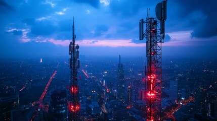 Cityscape with Communication Towers at Night.