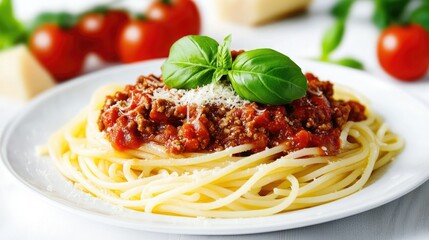 Delicious plate of pasta with rich meat sauce, fresh basil garnish, and ripe tomatoes, Italian cuisine served with Parmes