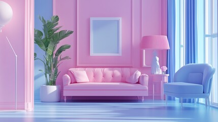 Playful living room with pink tufted sofa, blue armchair, plant, and pastel walls, ai generated.