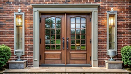 Obraz premium Elegant double front doors boast clear glass panels set within brick frames, adorned with ornate hardware that adds