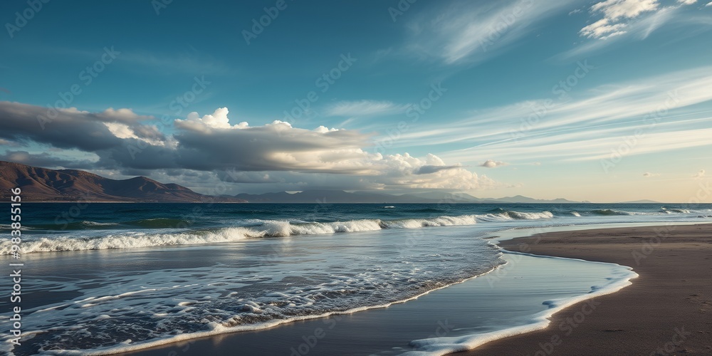 Wall mural Tranquil beach scene with blue sky, white clouds, and rolling waves.