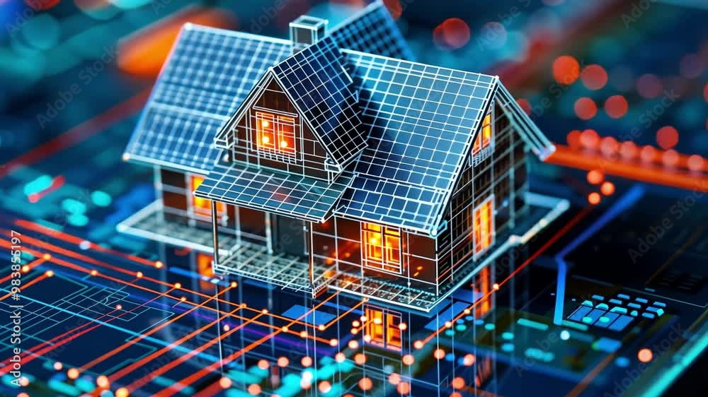 Poster a detailed model of a house equipped with solar panels is placed on a vibrant digital circuit board,