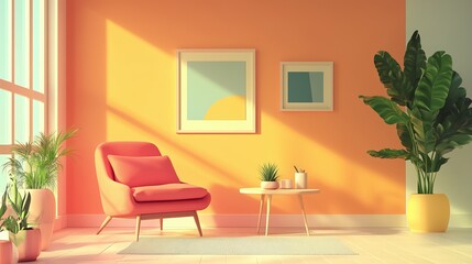 Bright living space with coral armchair, vibrant orange wall, geometric artwork, and lush greenery, illuminated by natural light. AI generated