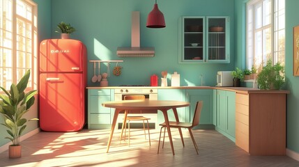 Naklejka premium Bright kitchen with teal walls, retro red refrigerator, wooden dining table, stylish chairs, and natural light. AI generated