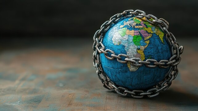 A globe wrapped in chains made of trade policies, Trade Barrier, Visual representation of restricted global trade