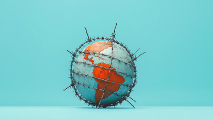 A globe surrounded by barbed wire, symbolizing restricted international trade, global economic isolation, trade restrictions concept