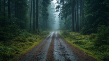 Fototapeta premium A serene forest road surrounded by tall trees and lush greenery, enveloped in mist. damp ground reflects tranquility of nature, inviting exploration and peace.