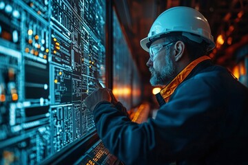 A man in a hard hat and safety glasses works on a large computer screen in a dimly lit industrial environment.