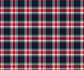 Plaid fabric pattern, navy blue, white, red, seamless for textiles, and for designing clothes, skirts, pants or decorative fabrics. Vector illustration.