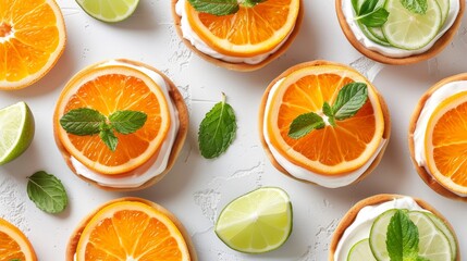 Top View, Mini Orange and Lime Cakes on White Background, Sweet Citrus Dessert, Pattern