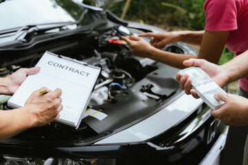 Asian woman involved in car accident, insurance agent and expert analyze the incident to seek compensation, while disgruntled driver argues over the damages caused.