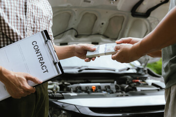 Asian woman involved in car accident, insurance agent and expert analyze the incident to seek compensation, while disgruntled driver argues over the damages caused.