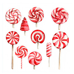 Candy Cane Lollipops and Peppermint Sweets - Watercolor