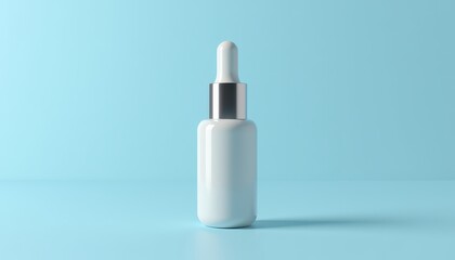 Glossy Cosmetic Dropper Bottle with Matte Silver Cap on Sky Blue Background