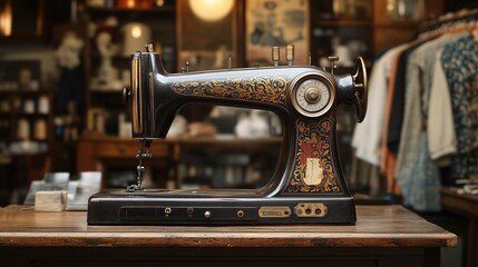 Antique sewing machine standing on wooden desk in workshop