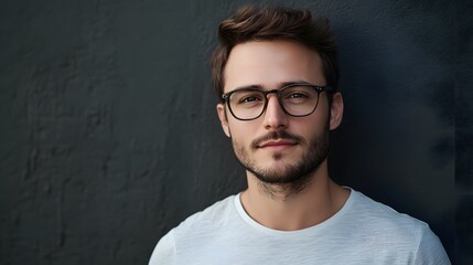 Fototapeta premium A young man with brown hair and a beard wearing glasses looks directly at the camera