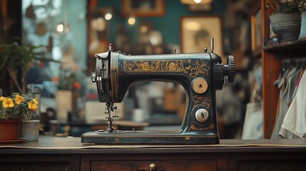 Antique sewing machine standing on wooden desk in workshop
