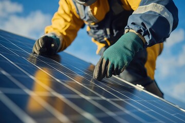 A close-up image of a worker in protective gear installing or inspecting a solar panel.