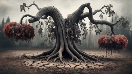 A towering tree, its branches twisted and bent like the limbs of a victim of torture