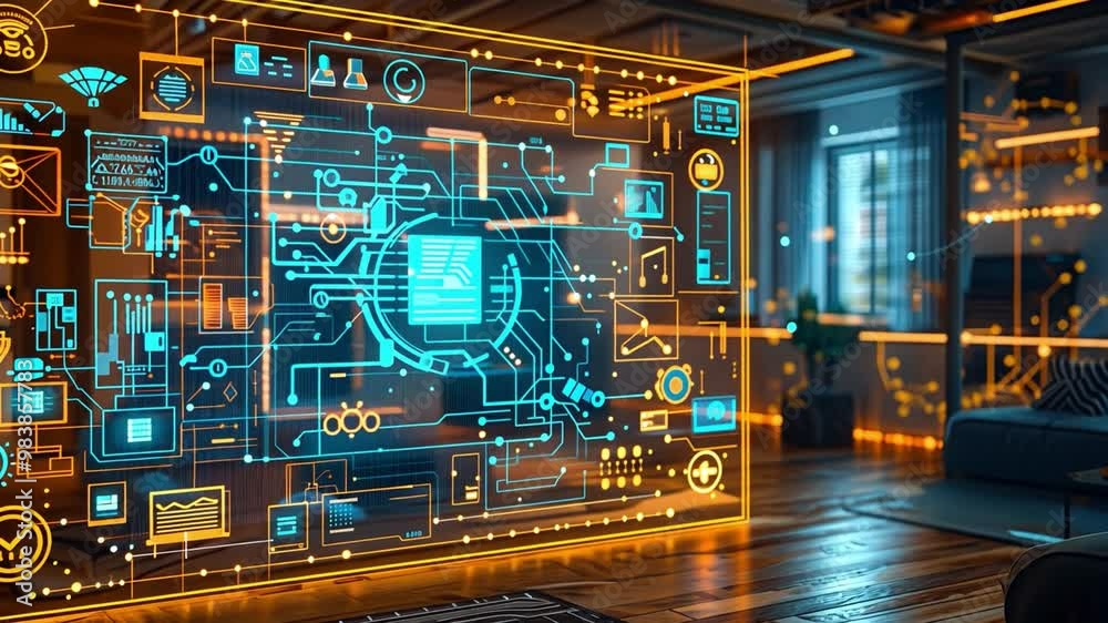 Leinwandbilder The workspace features sleek furniture and an impressive holographic display, showcasing a multitude of data graphics and circuits, illuminating the room with vibrant colors.
