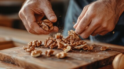 Hands Cracking Walnuts on Wooden Cutting Board.