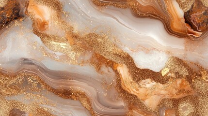 Obraz premium Glittery brown marble texture combined with white ink paint featuring a beige geode appearance Includes a coffee colored backdrop and a cream marble surface Luxury seamless copper painting pattern