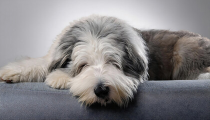 sleeping old english sheepdog on a cozy sofa
