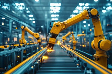 Industrial Robot Arm Welding on a Conveyor Belt in a Factory Setting