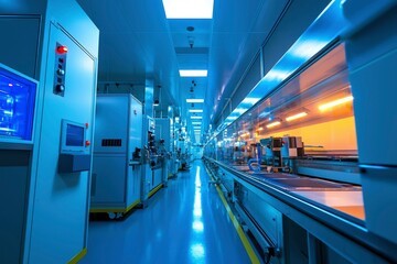 Obraz premium Cleanroom Manufacturing Facility with Automated Equipment and Conveyor System