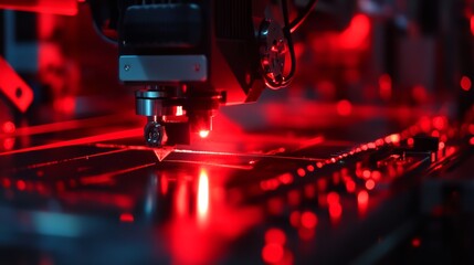 Industrial Robot Arm With Red Light.