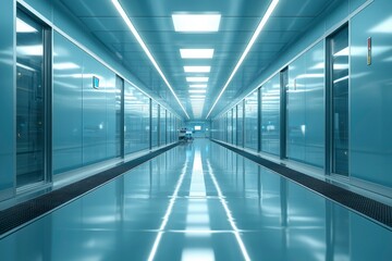 Obraz premium Sterile Corridor with Glass Doors and Bright Lights