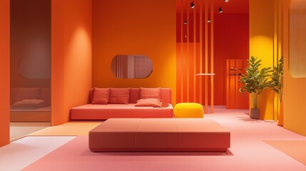 Bright orange living room featuring a modern pink sofa, playful yellow accent, geometric shapes,...